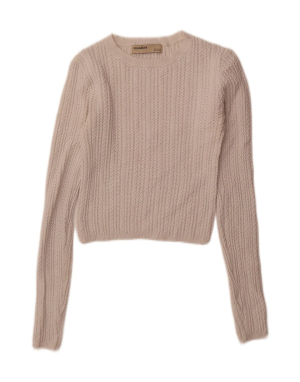 PULL & BEAR Womens Crop Crew Neck Jumper Sweater UK 8 Small White