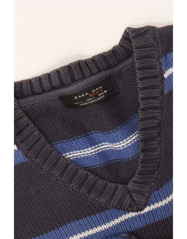 Maglione Zara da uomo con scollo a V, righe grandi grigie