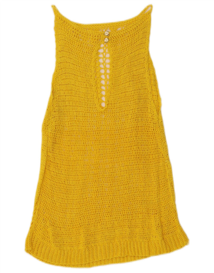 Top trasparente all'uncinetto senza maniche da donna VINTAGE UK 8 piccolo giallo