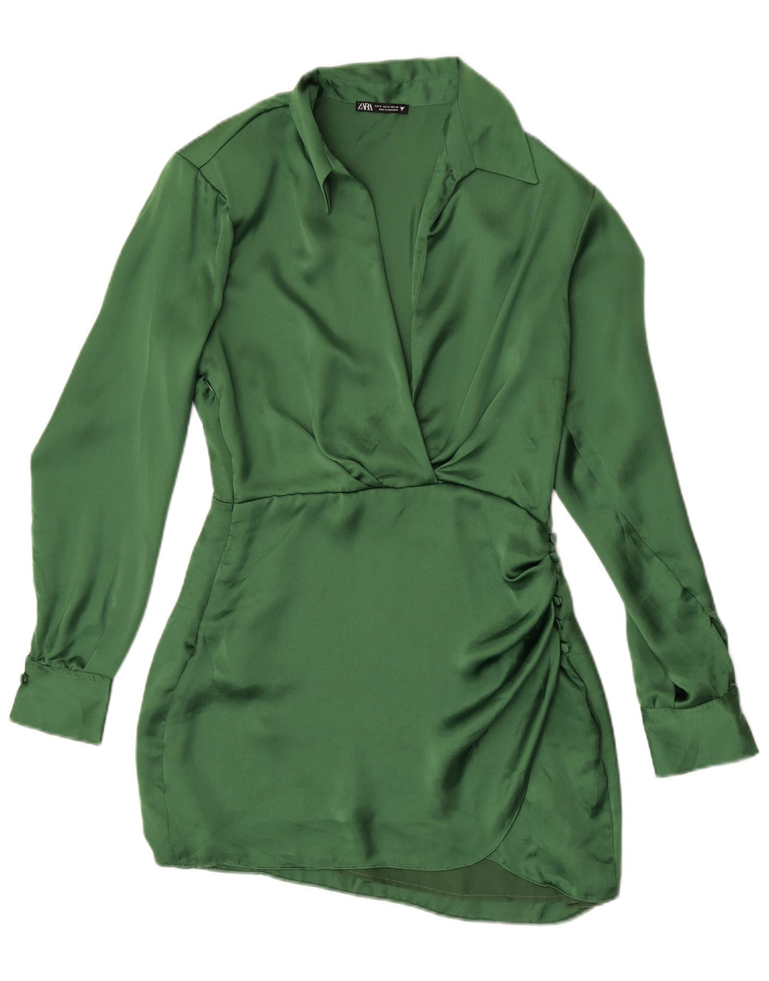 Abito camicia a maniche lunghe da donna Zara UK 12 Poliestere verde medio