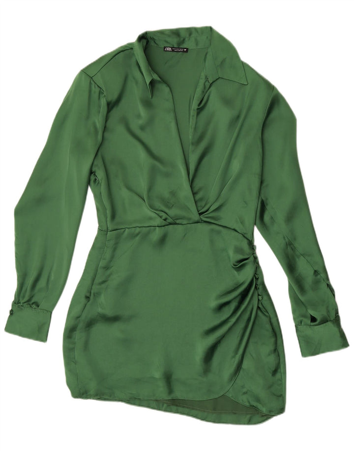 Abito camicia a maniche lunghe da donna Zara UK 12 Poliestere verde medio