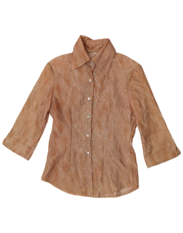 Camicetta camicia a maniche a 3/4 con motivo astratto vintage da donna UK 10 piccola marrone