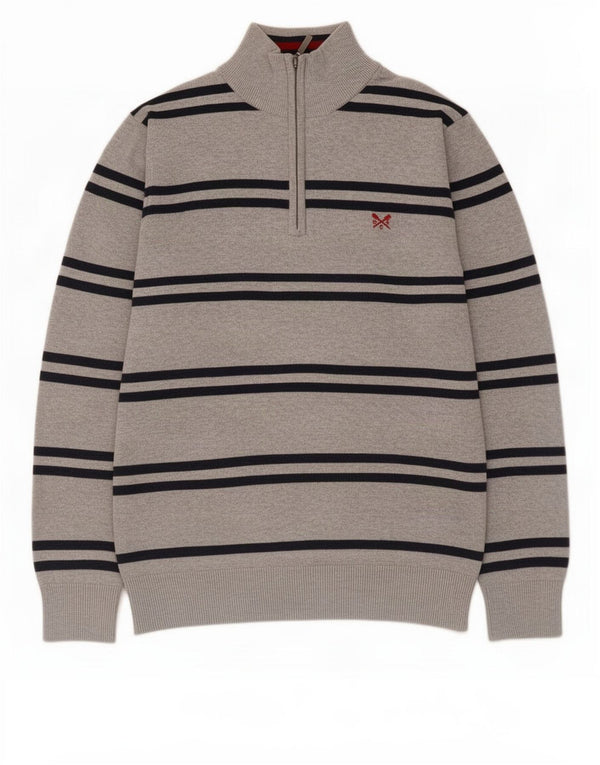 Crew Clothing Maglione da uomo con collo con zip, piccolo cotone a righe grigie