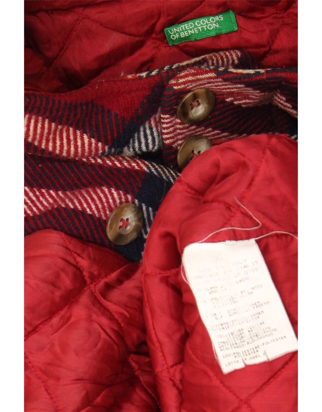 Cappotto con cappuccio da donna BENETTON UK 18 XL lana scozzese rossa