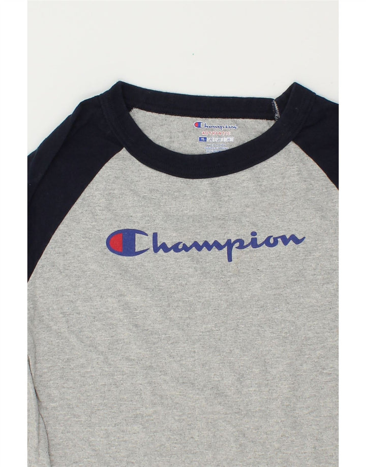 CHAMPION Boys Graphic Top 3/4 Sleeve 11-12 Years Large Grey Colourblock Vintage Champion and Second-Hand Champion from Messina Hembry 