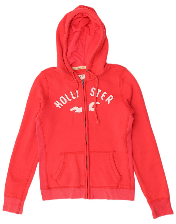 Felpa con cappuccio e zip grafica Hollister da donna UK 14 rosso medio in cotone