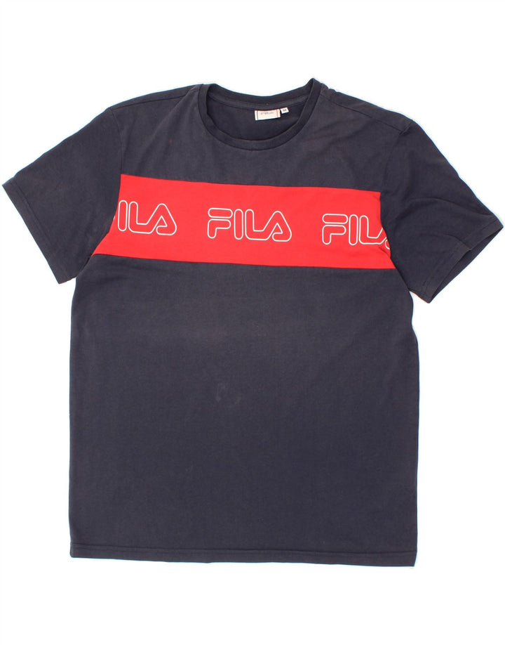 FILA Mens Graphic T-Shirt Top Medium Navy Blue Colourblock Polyester Vintage Fila and Second-Hand Fila from Messina Hembry 