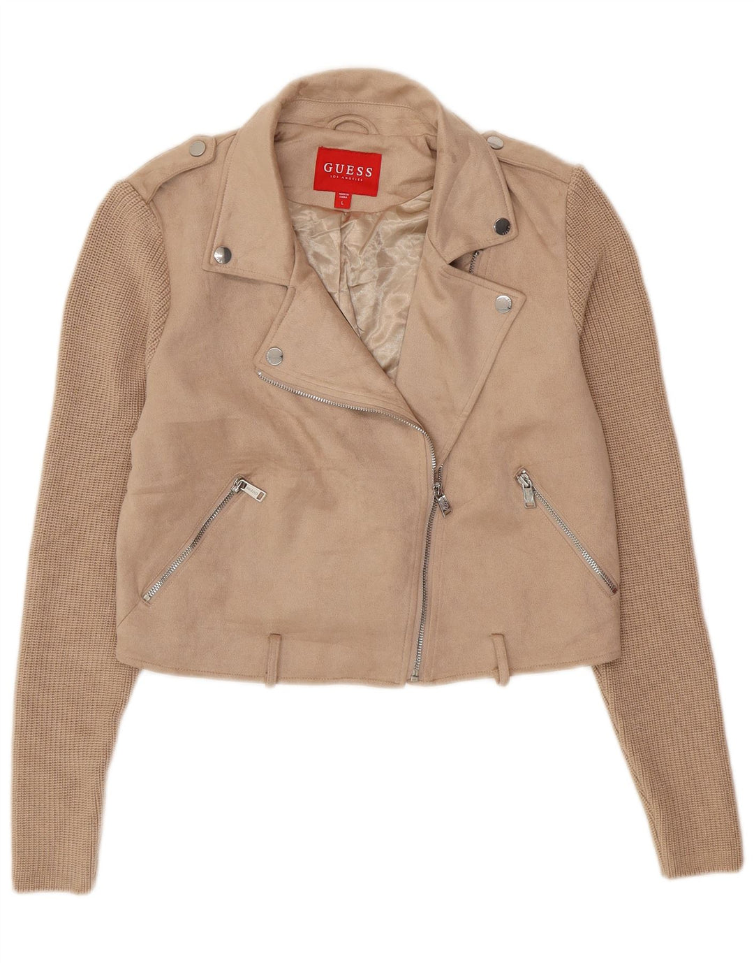 Giacca da motociclista GUESS da donna in maglia corta UK 16 grande Beige