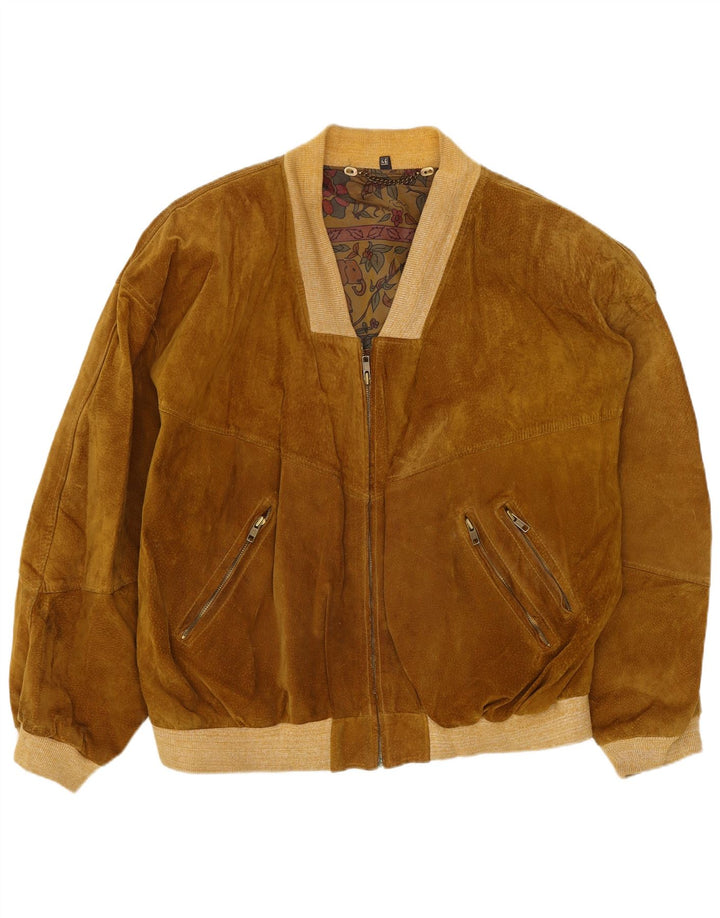 Giubbotto bomber oversize in pelle scamosciata vintage da donna IT 46 grande in pelle marrone