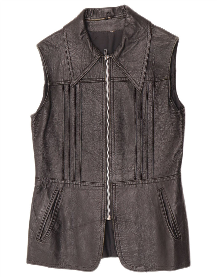Gilet in pelle da donna vintage UK 10 piccolo in pelle nera