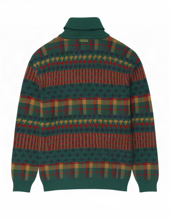 Maglione maglione vintage da uomo con collo alto a righe verde medio