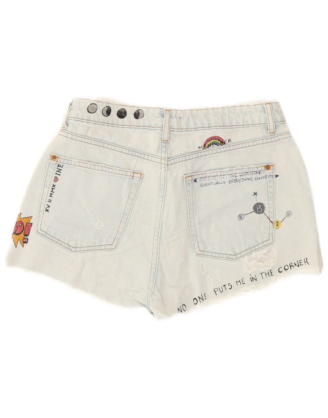 Pantaloncini in denim invecchiato con grafica da donna Pull & Bear EU 36 XS W26 Blu