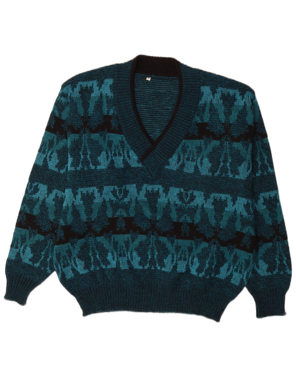 Maglione vintage da uomo con scollo a V IT 50 Blu medio Fair Isle