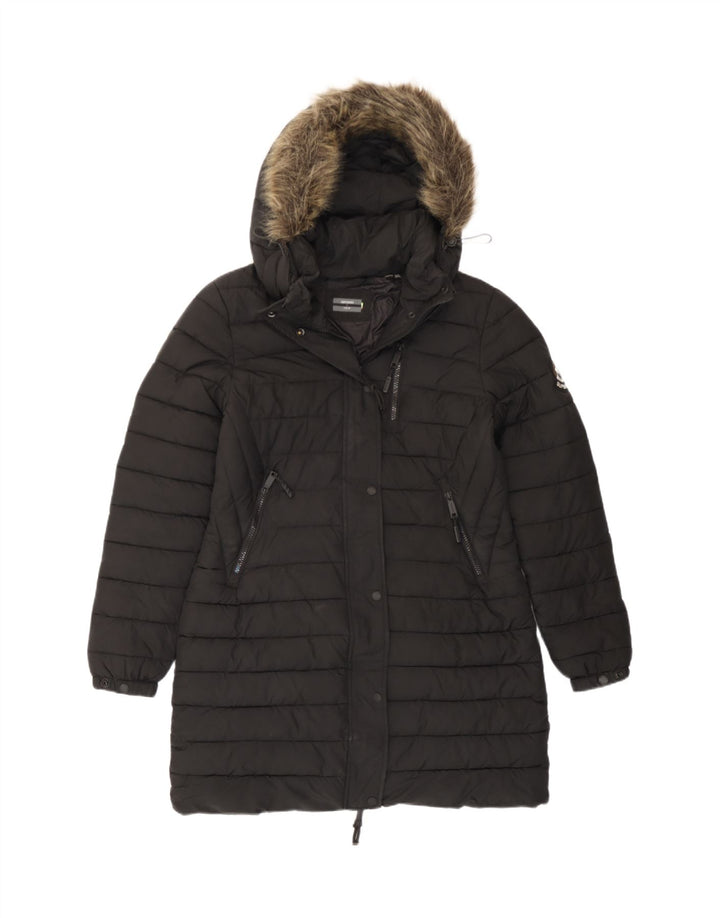 Giacca imbottita con cappuccio da donna Superdry UK 12 medio nero poliestere