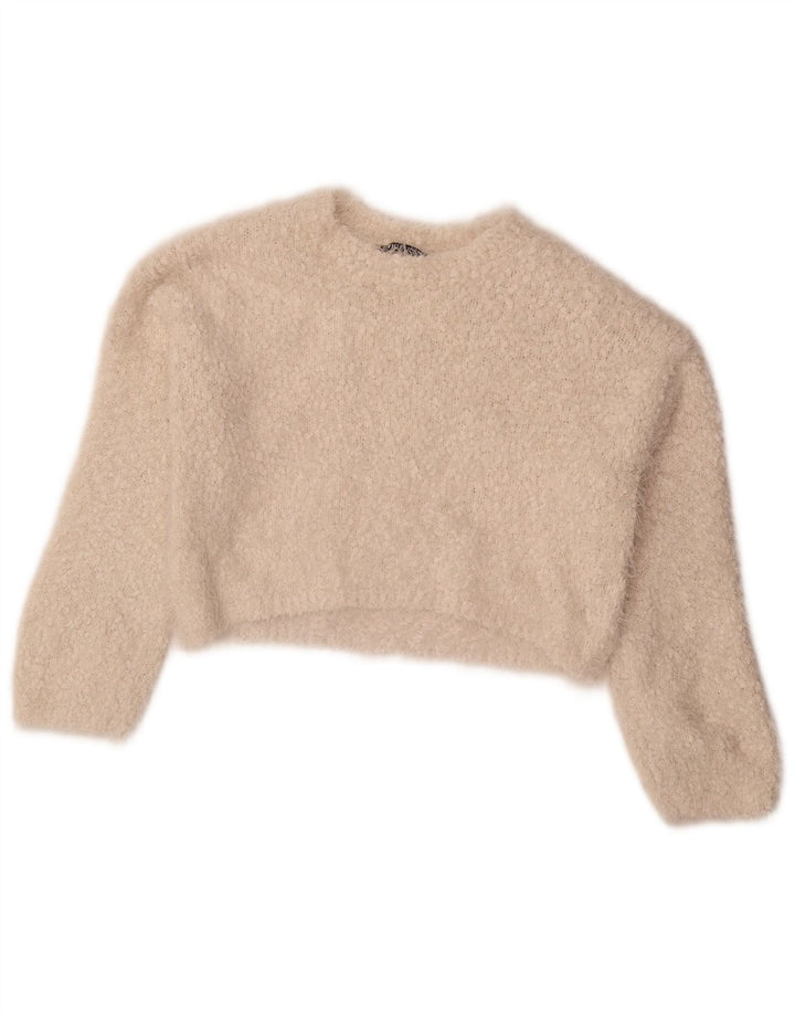 Maglione corto girocollo da donna Zara UK 10 piccolo poliestere bianco