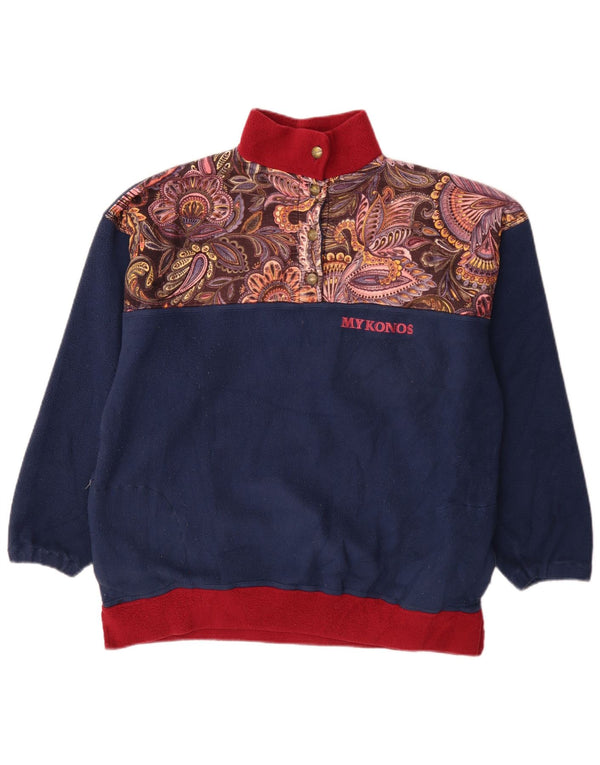 Maglione in pile da donna vintage con collo a bottoni UK 20 2XL Blu navy Paisley retrò