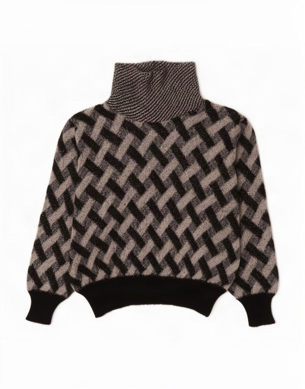 Maglione maglione vintage da donna con collo alto UK 16 grande motivo a quadri neri