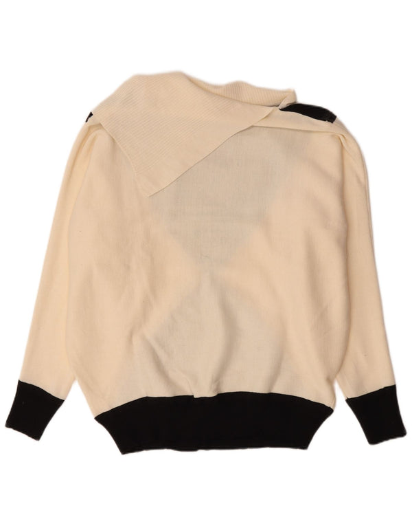 Maglione maglione vintage da donna con collo a scialle UK 16 Large Beige Colourblock