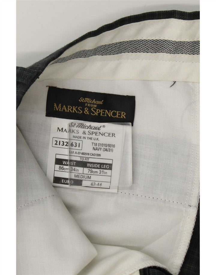 Pantaloni da abito slim da uomo Marks & Spencer W34 L31 lana a quadri blu navy
