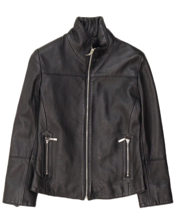 Giacca in pelle da donna vintage UK 10 piccola in pelle nera