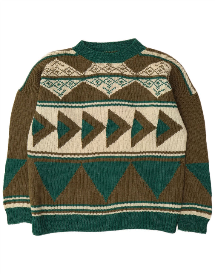 Maglione maglione girocollo da uomo vintage XL kaki geometrico