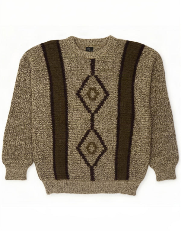 Vintage Mens Crew Neck Jumper Sweater Large Khaki Geometric Acrylic