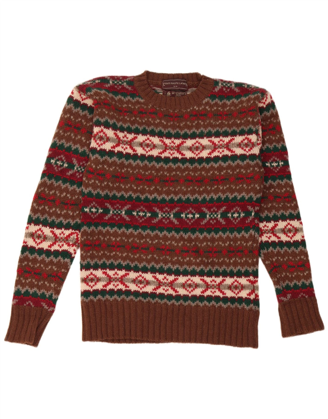 Chaps Uomo Maglione Girocollo Maglione Piccolo Marrone Fair Isle Lana Vergine