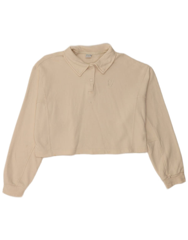 Polo da donna a maniche lunghe corta oversize da donna Puma UK 10 piccola in cotone beige