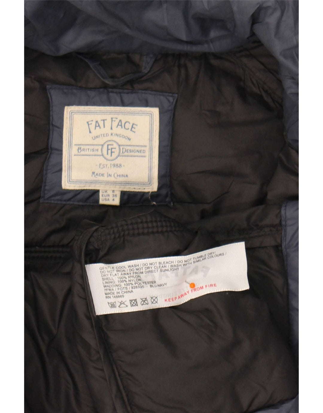 Cappotto imbottito con cappuccio da donna Fat Face UK 8 piccolo in nylon blu navy