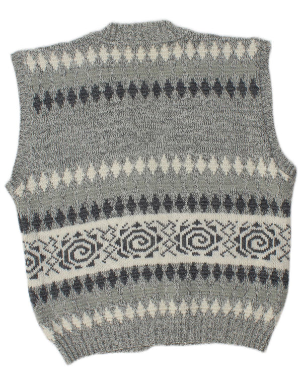 Vintage Mens Sleeveless Cardigan Sweater Medium Grey Fair Isle