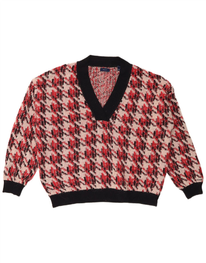 GANT Maglione oversize da donna con scollo a V UK 16 Grande pied de poule rosso