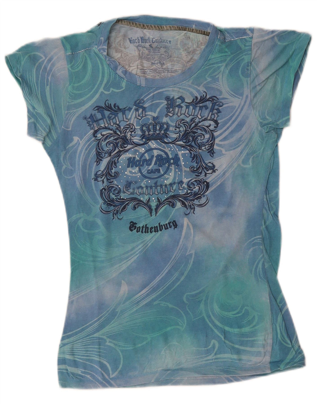 HARD ROCK CAFE T-shirt grafica da donna Couture Top UK 8 Small Blue Tie Dye