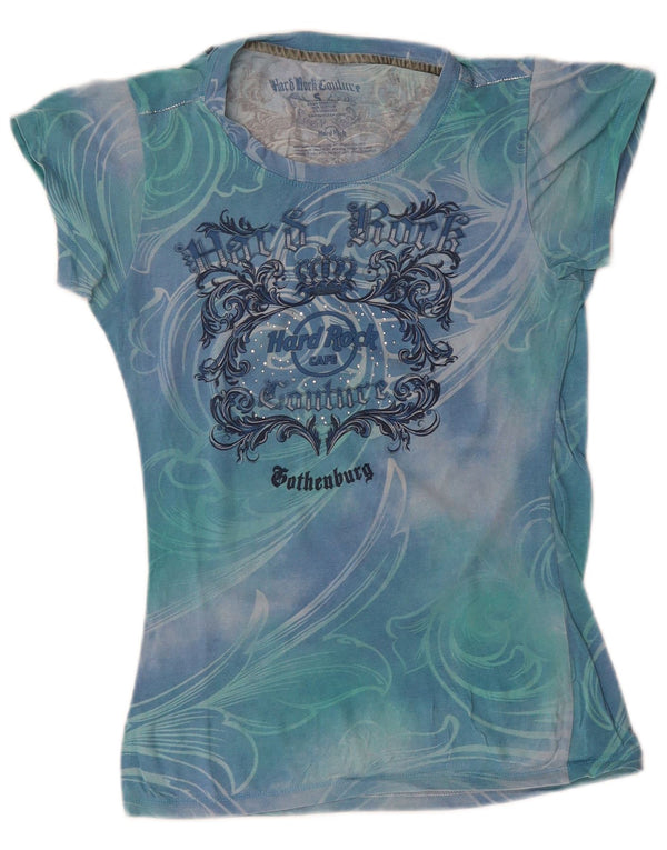 HARD ROCK CAFE T-shirt grafica da donna Couture Top UK 8 Small Blue Tie Dye