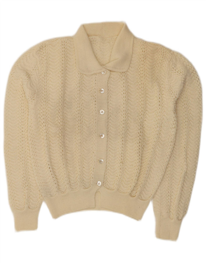 Maglione cardigan corto da donna vintage UK 10 piccolo bianco sporco