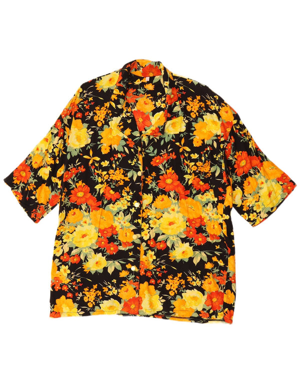 Camicia vintage da donna a maniche corte vestibilità ampia UK 10 piccolo retro floreale nero