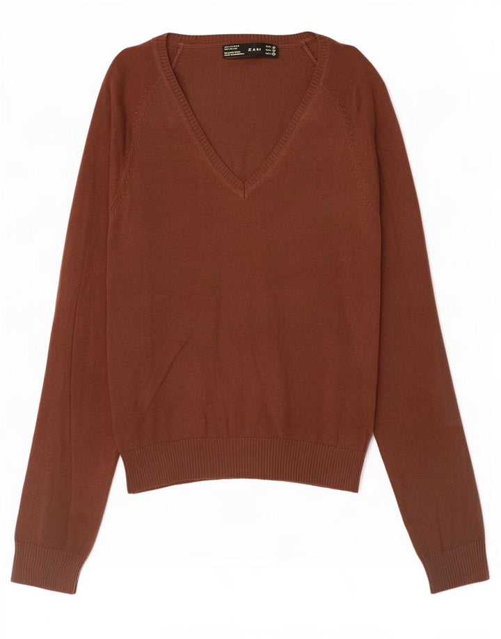 Maglione da donna con scollo a V Zara UK 12 Cotone marrone medio