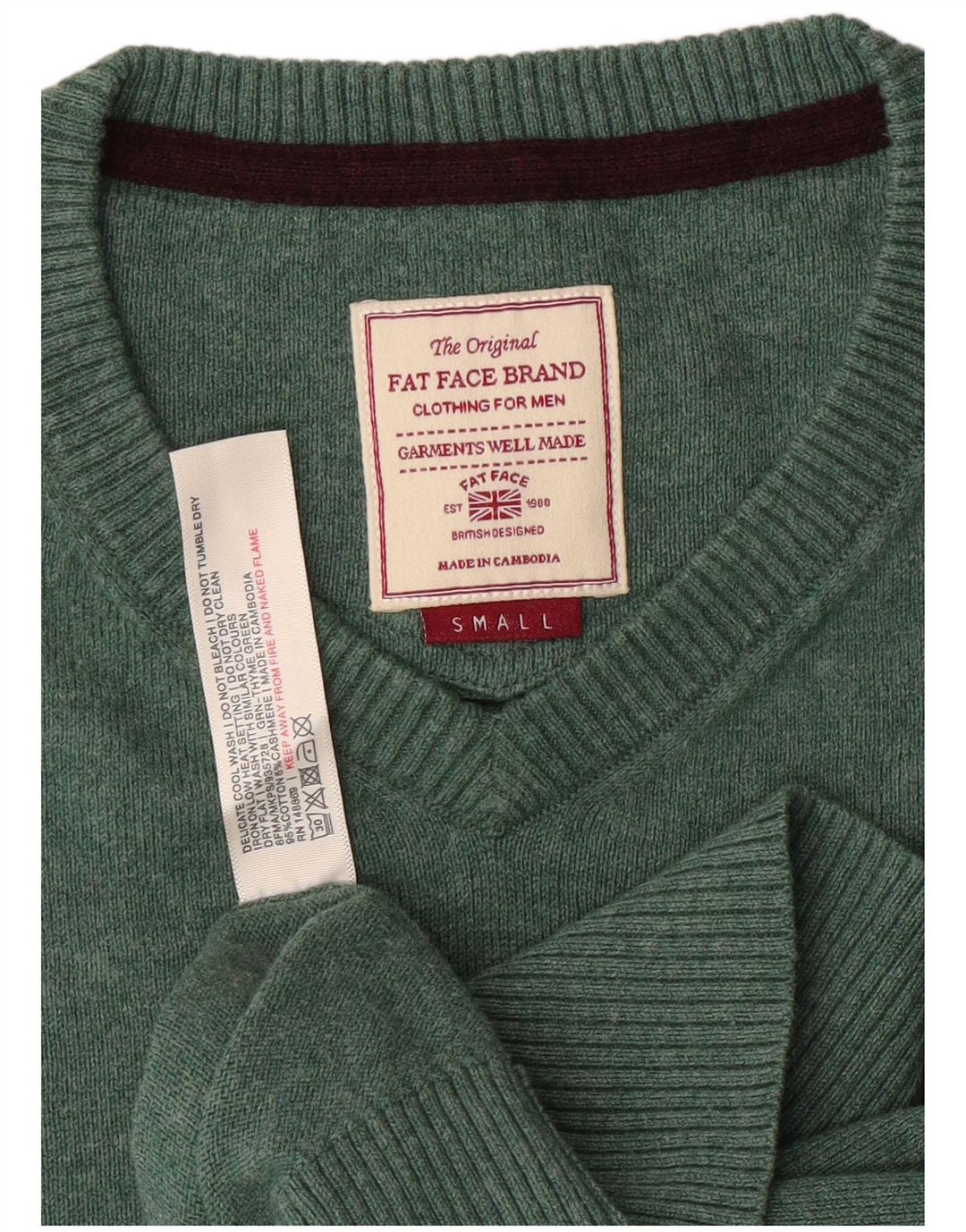 FAT FACE Mens V-Neck Jumper Sweater Small Green Cotton