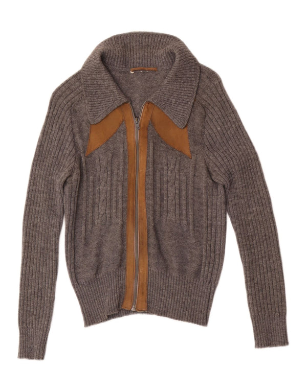 Maglione cardigan con zip intera da donna vintage UK 4 XS blocco colore grigio