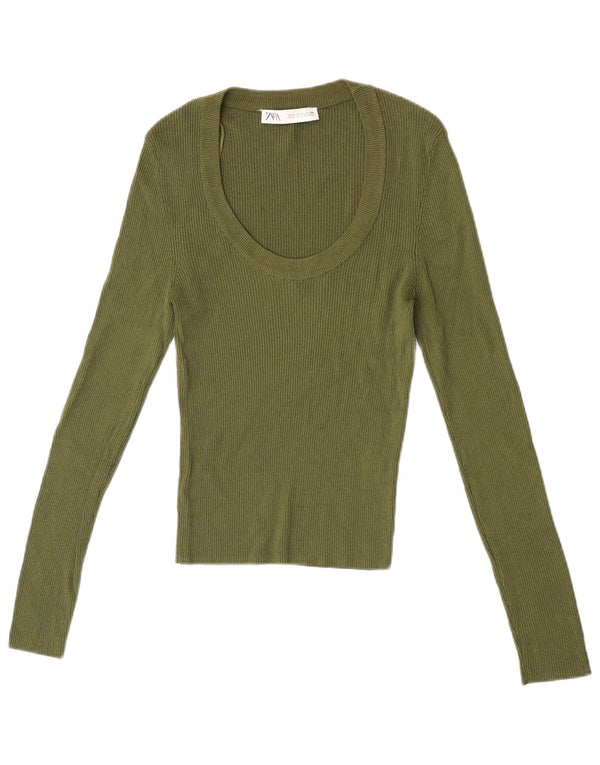 Top Zara da donna a maniche lunghe UK 14 Large in viscosa kaki