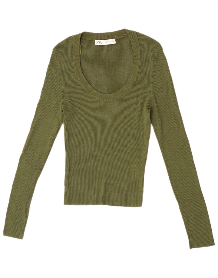 Top Zara da donna a maniche lunghe UK 14 Large in viscosa kaki