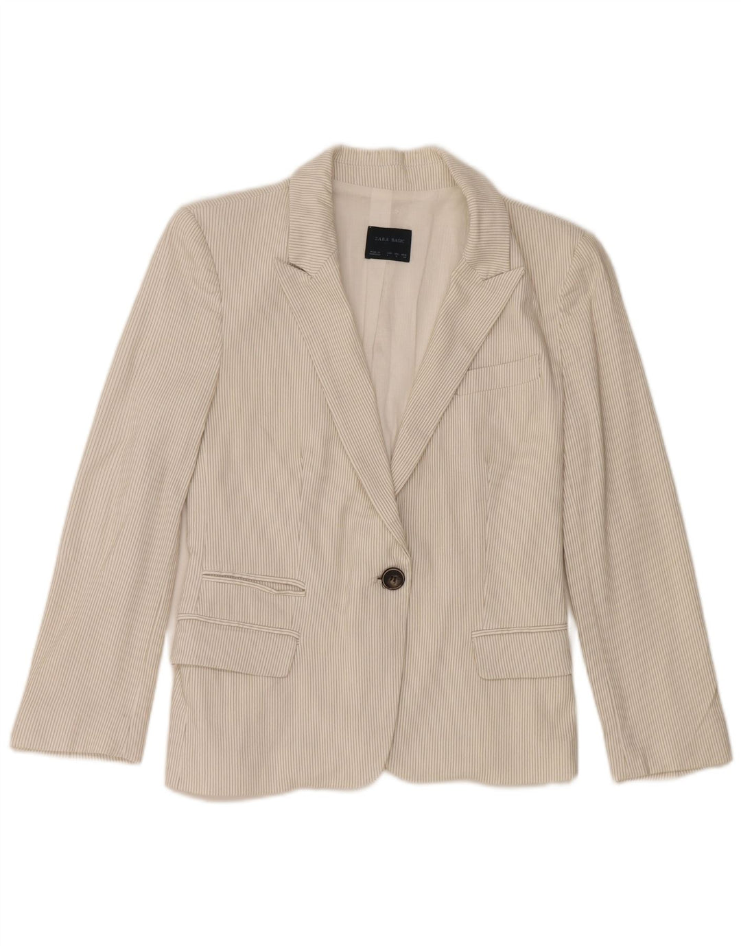 Giacca blazer da donna a 1 bottone Zara UK 14 grande cotone gessato bianco sporco