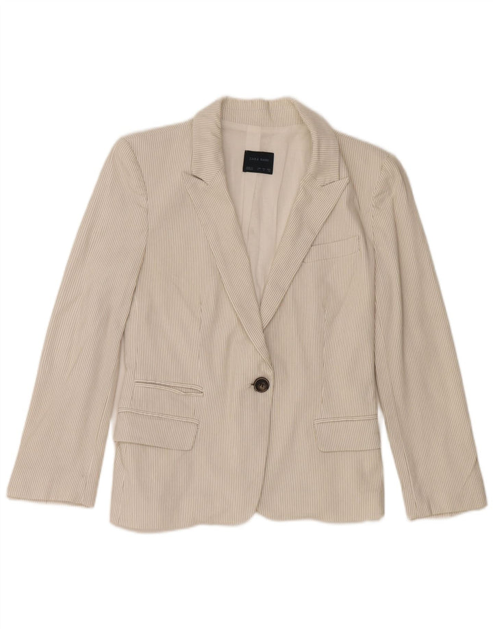 Giacca blazer da donna a 1 bottone Zara UK 14 grande cotone gessato bianco sporco
