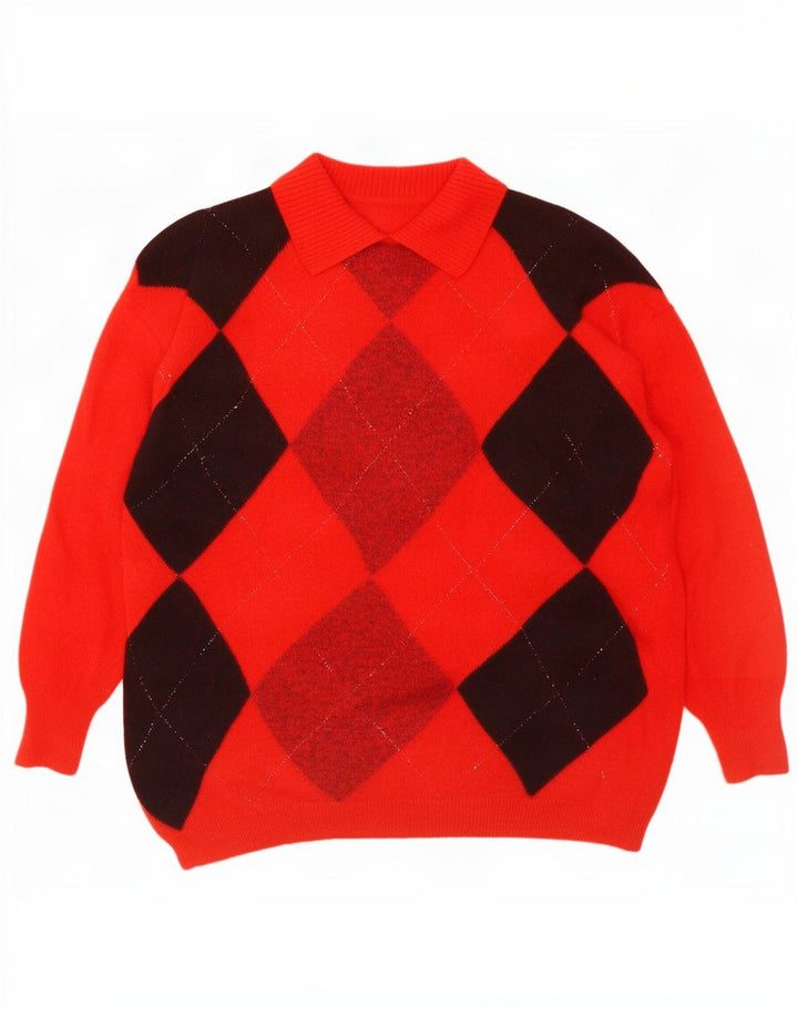 Maglione vintage da donna con collo a polo UK 14 Argyle rosso medio/diamante
