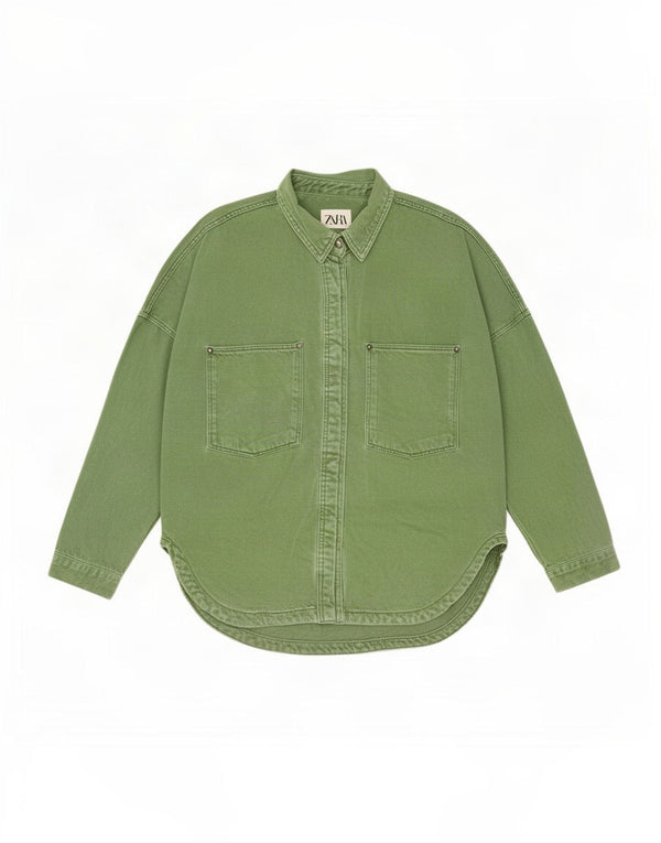 Camicia in denim oversize da donna Zara UK 14 Cotone verde medio