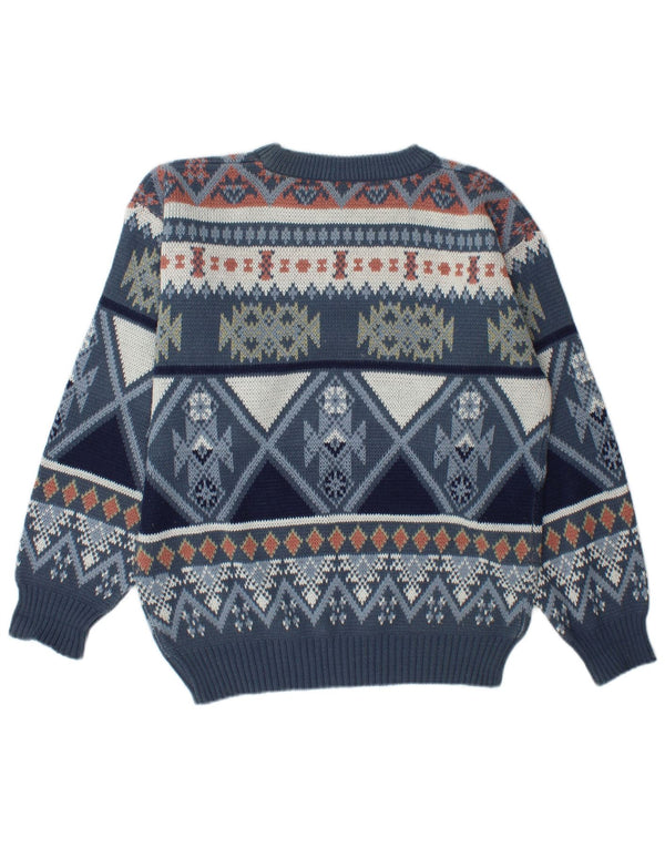Vintage Mens Loose Fit Crew Neck Jumper Sweater UK 34/36 XS Blue Fair Isle