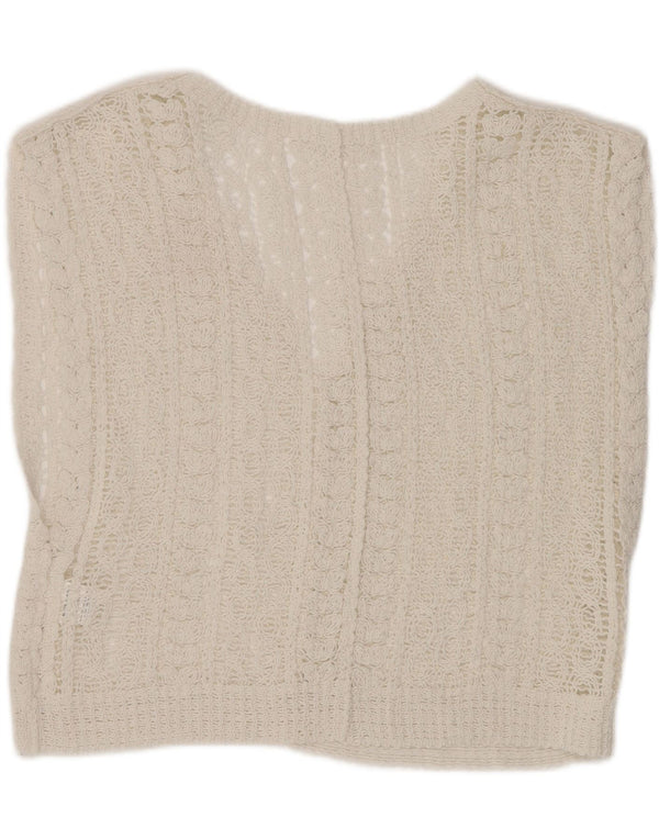 Canottiera vintage da donna corta all'uncinetto trasparente UK 12 cotone bianco medio