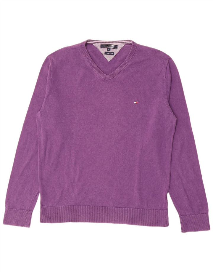 Maglione maglione con scollo a V da uomo Tommy Hilfiger cotone viola medio