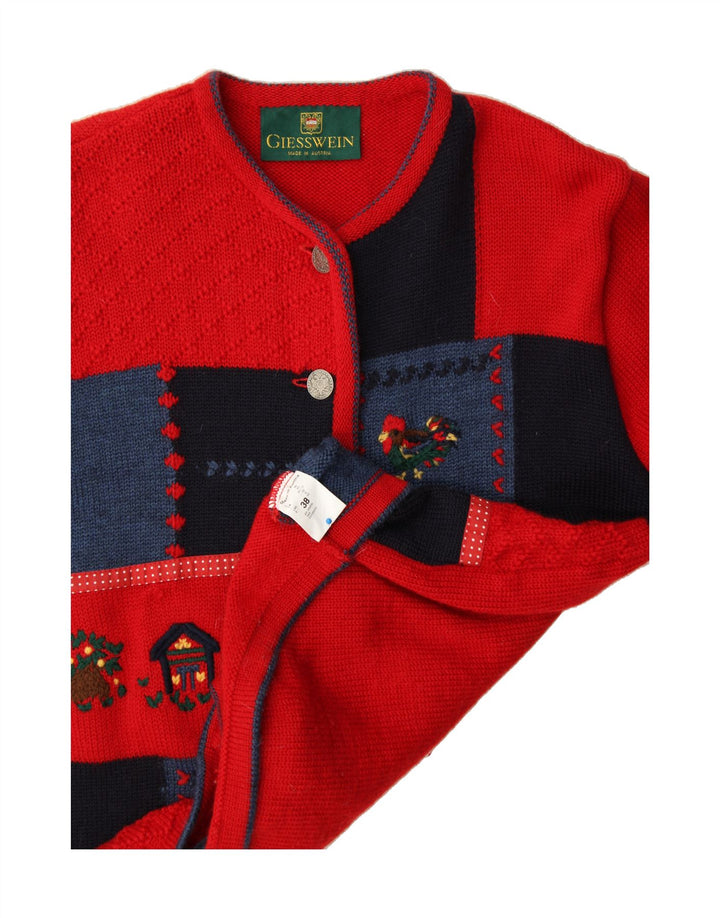GIESSWEIN Maglione cardigan da donna UK 12 Lana vergine patchwork rosso medio