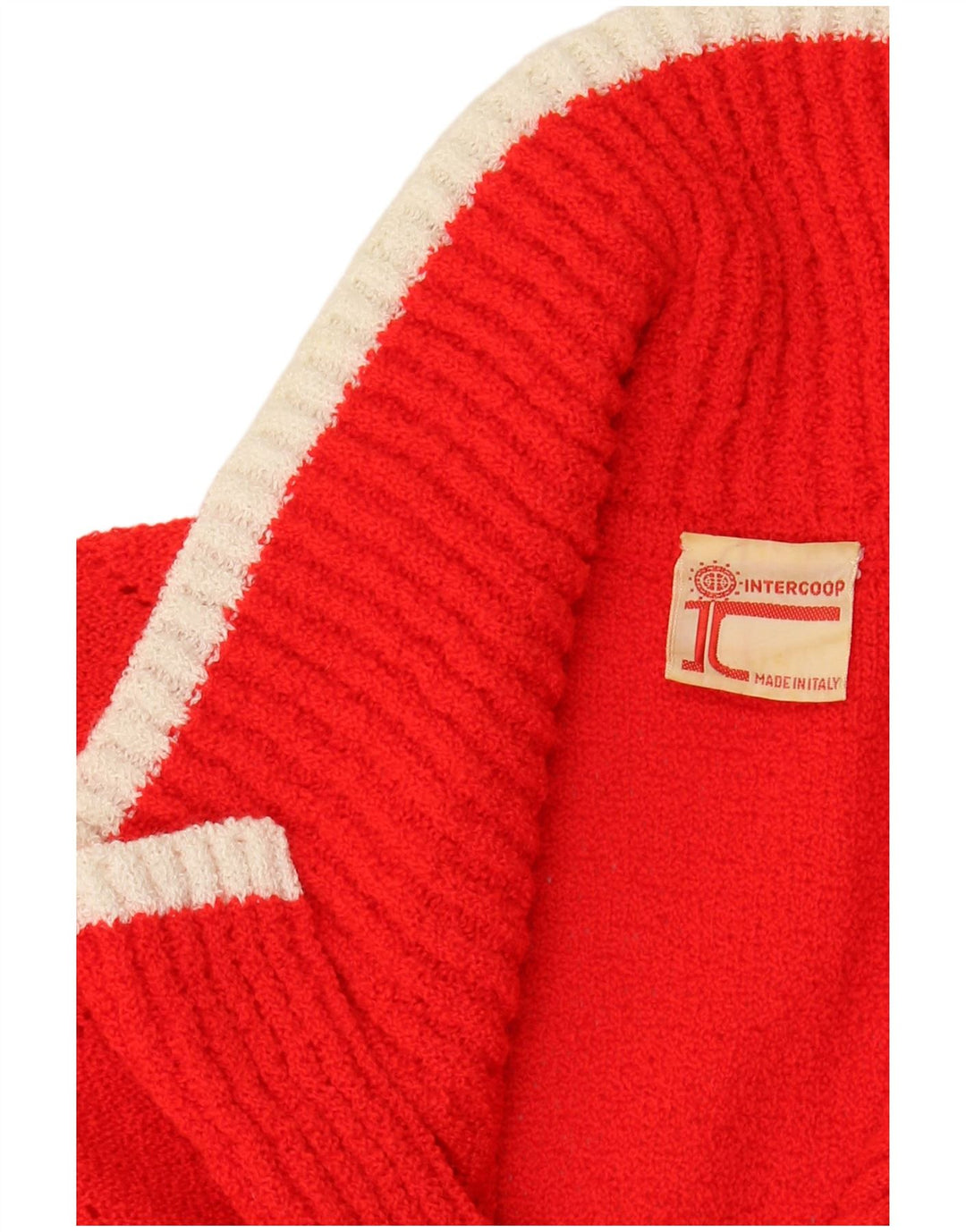 Maglione cardigan senza maniche corto da donna VINTAGE UK 14 a righe rosse medie