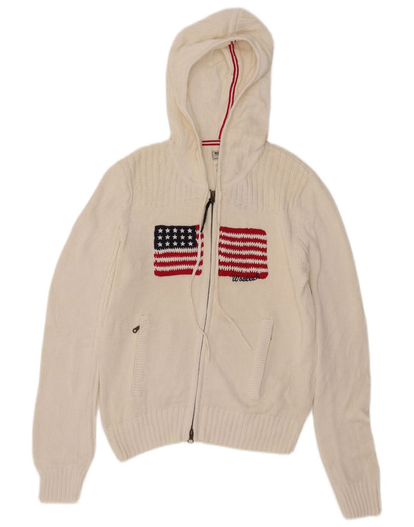 Maglione cardigan con cappuccio grafico da donna Woolrich UK 18 XL cotone bianco